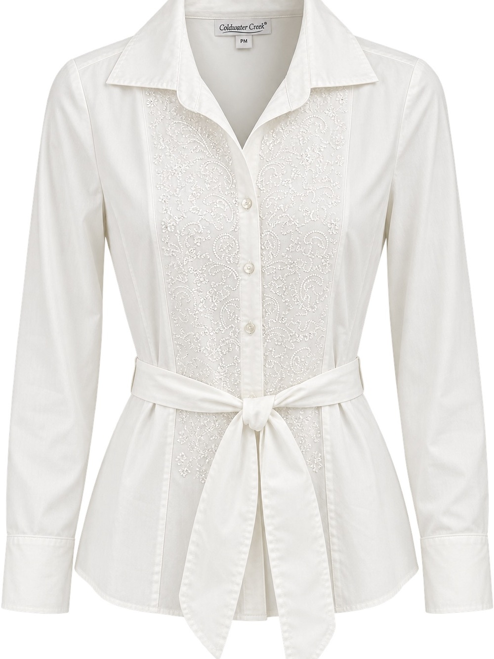 Coldwater Creek White Embroidered Tie-Waist Button-Down Shirt